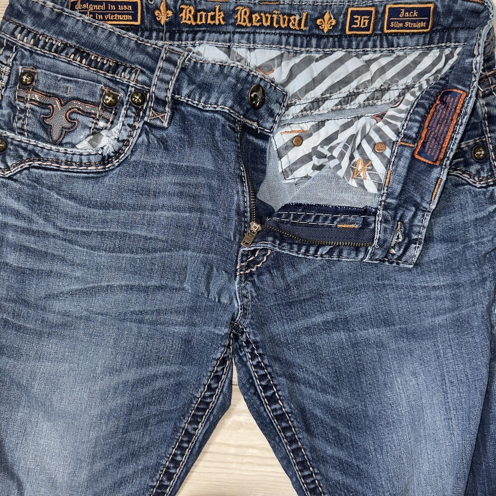 Rock Revival Jeans Mens 36x31 Blue Jack Slim Straight Denim Stretch Embroidered - Picture 8 of 14